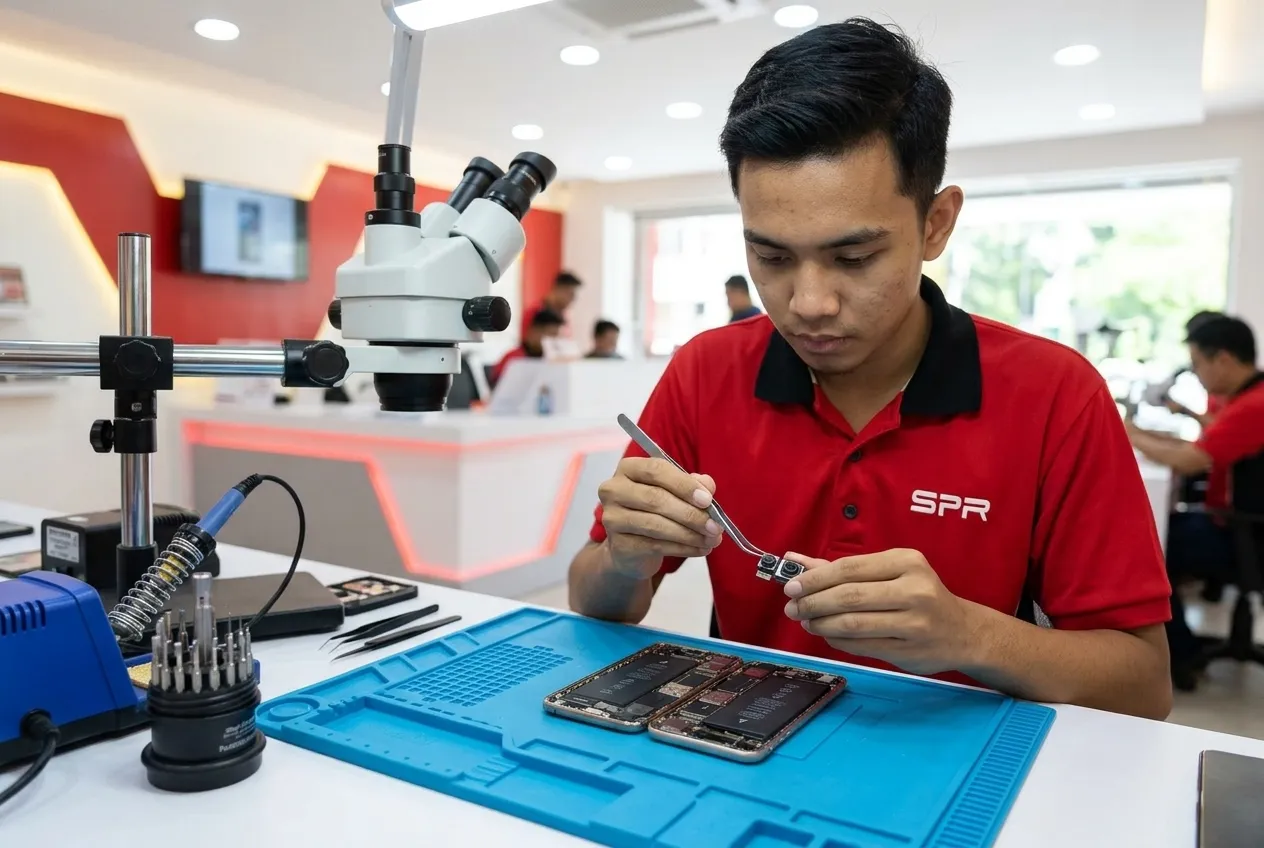 Rear camera module removed from an iPhone with tweezers