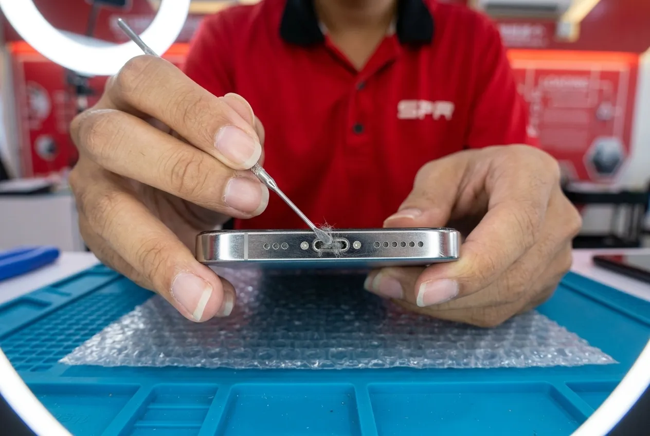 Technician cleaning lint from an iPhone charging port
