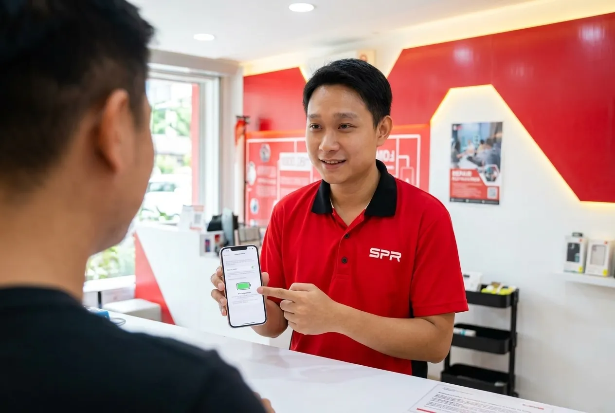 SPR technician explaining an iPhone diagnosis at the counter