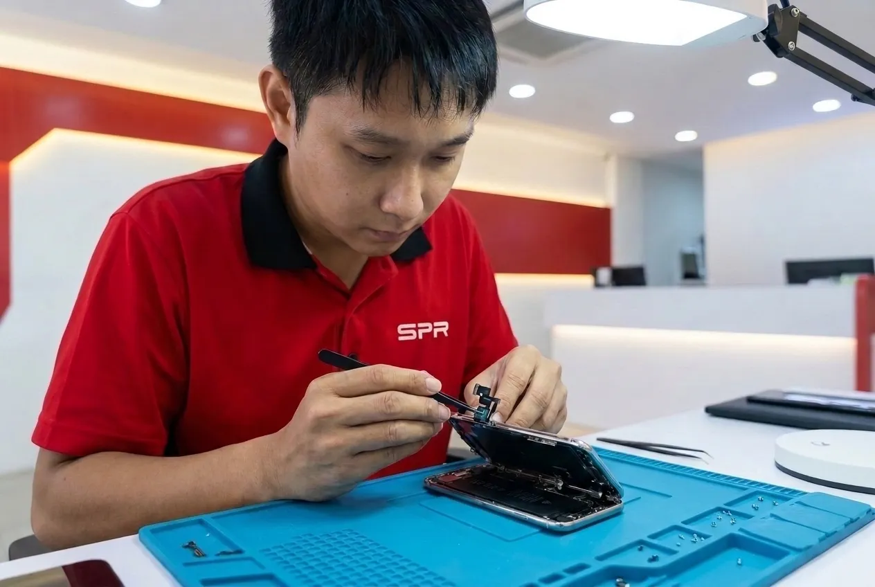 Technician working on the front sensor area of an iPhone
