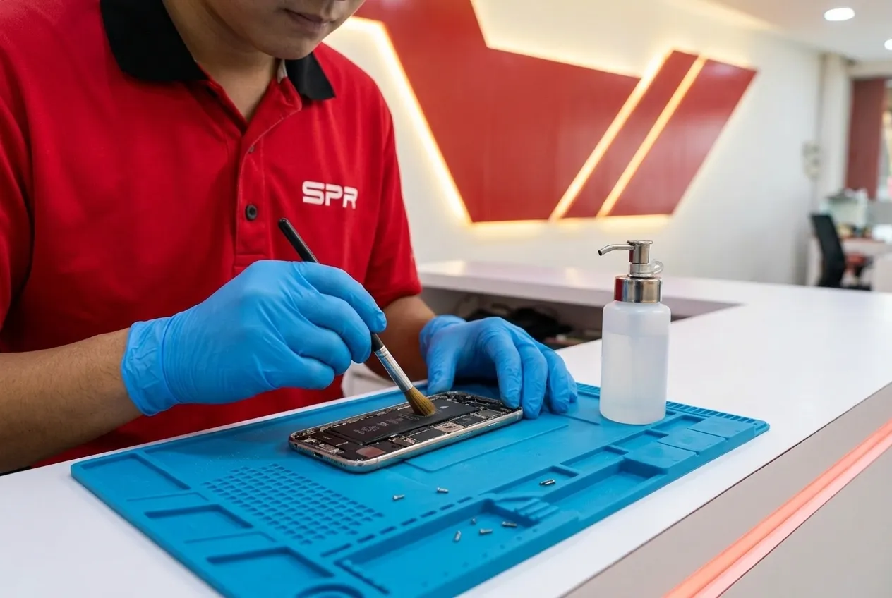 Technician cleaning corrosion from a water-damaged iPhone board