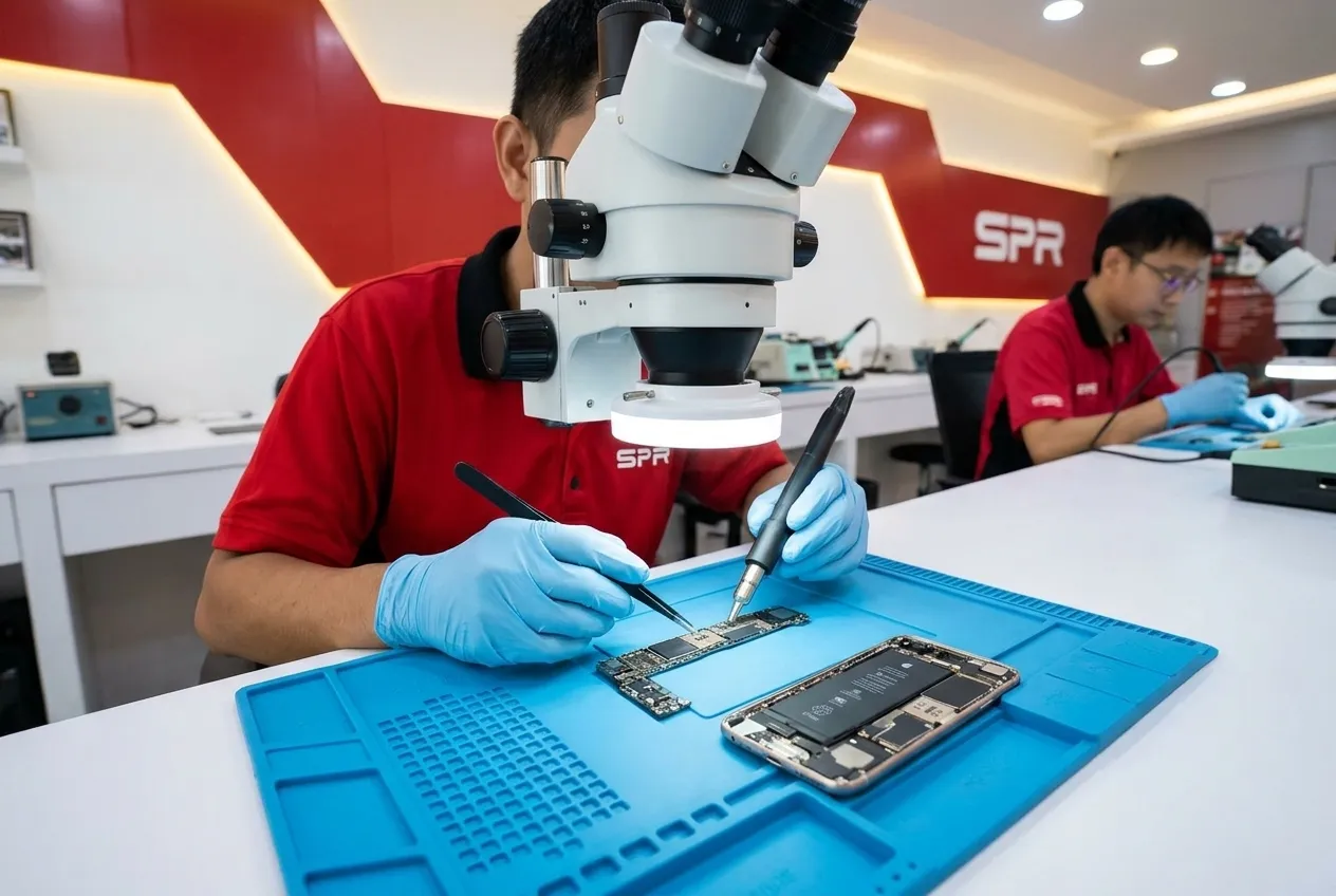 iPhone logic board being repaired under a microscope at SPR